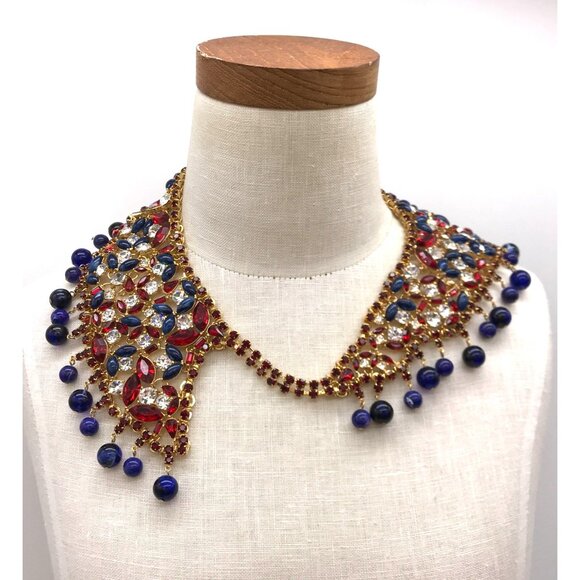 Vintage Gold Tone Crystal & Beaded Collar Necklace & Earrings Set by Scaasi - Picture 6 of 10